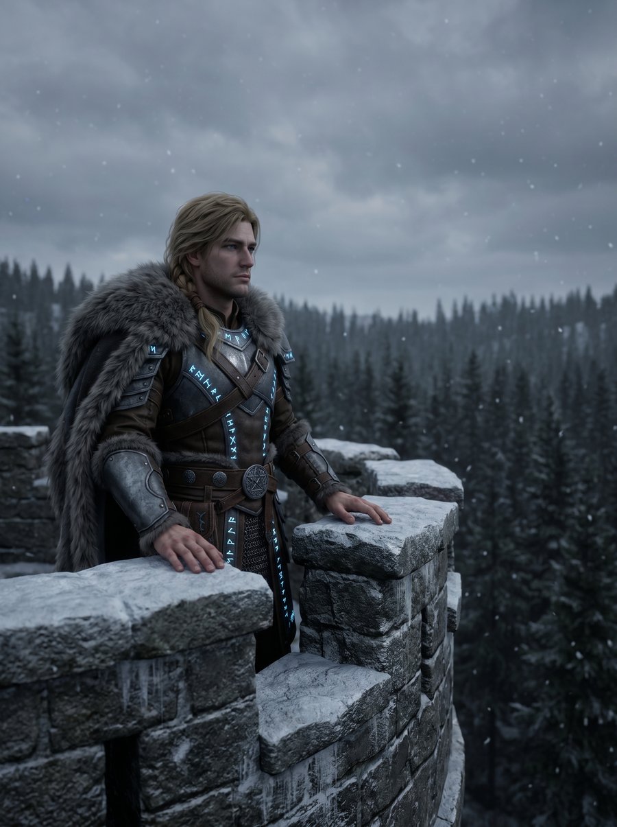 A Guardian soldier standing on the ancient Northern Wall, looking northeast across a vast dark pine forest under heavy overcast skies.