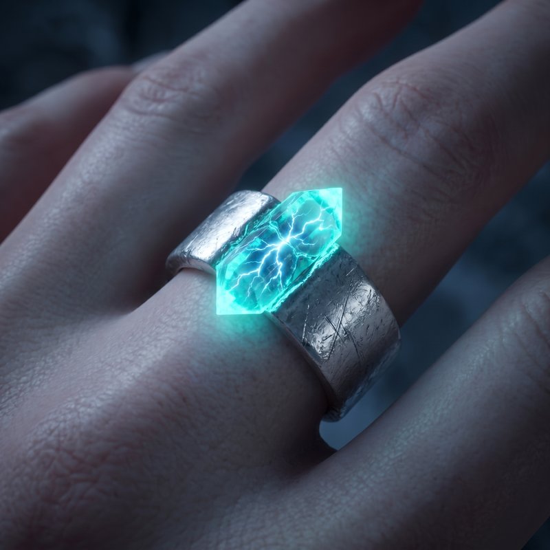 The Storm Shard bonded into the Stormborn family ring — a jagged neon-cyan crystal crackling with internal lightning.