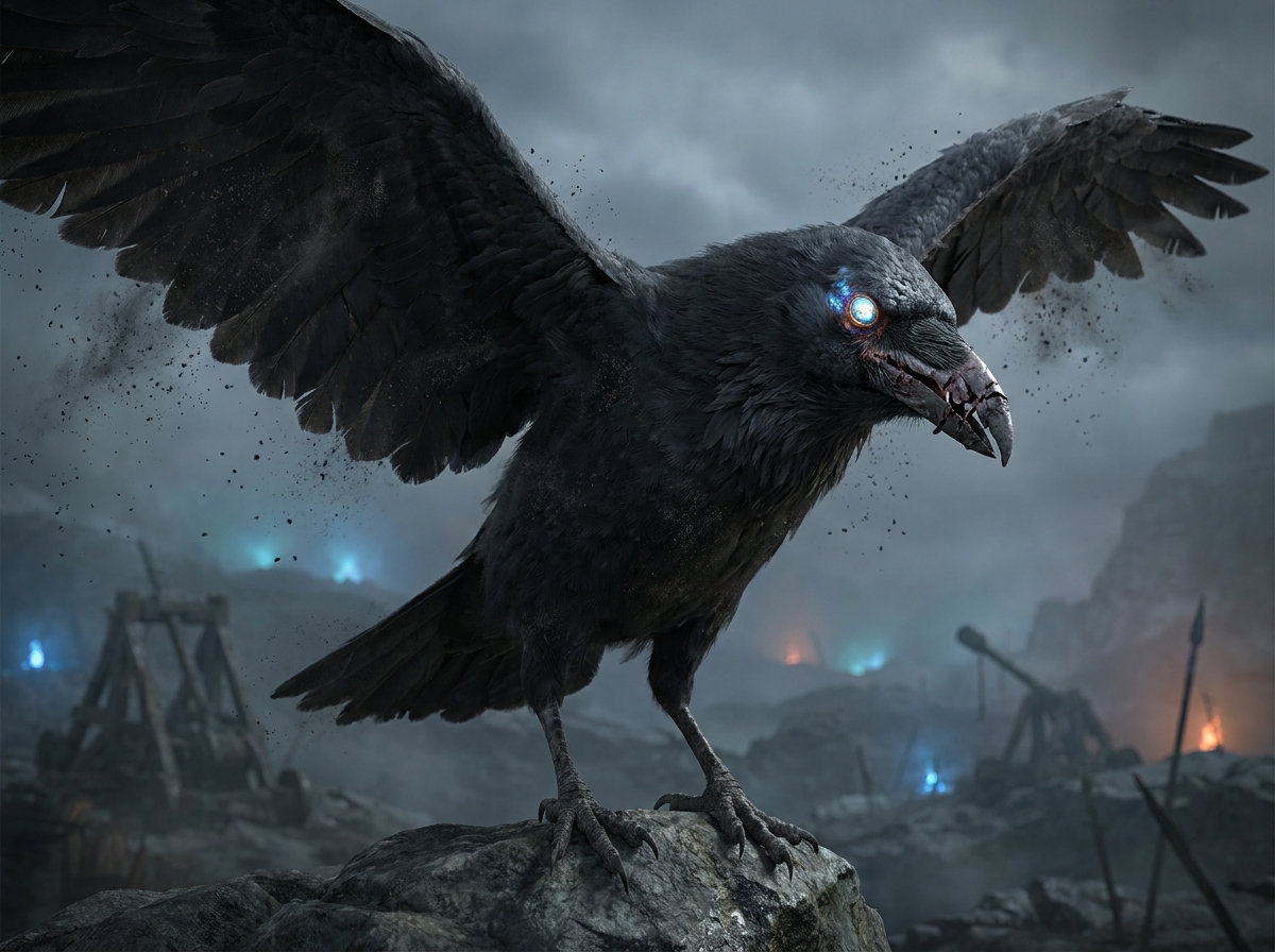 An Ash Raven — matte-black corvid that casts no shadow, soot trailing from its wings