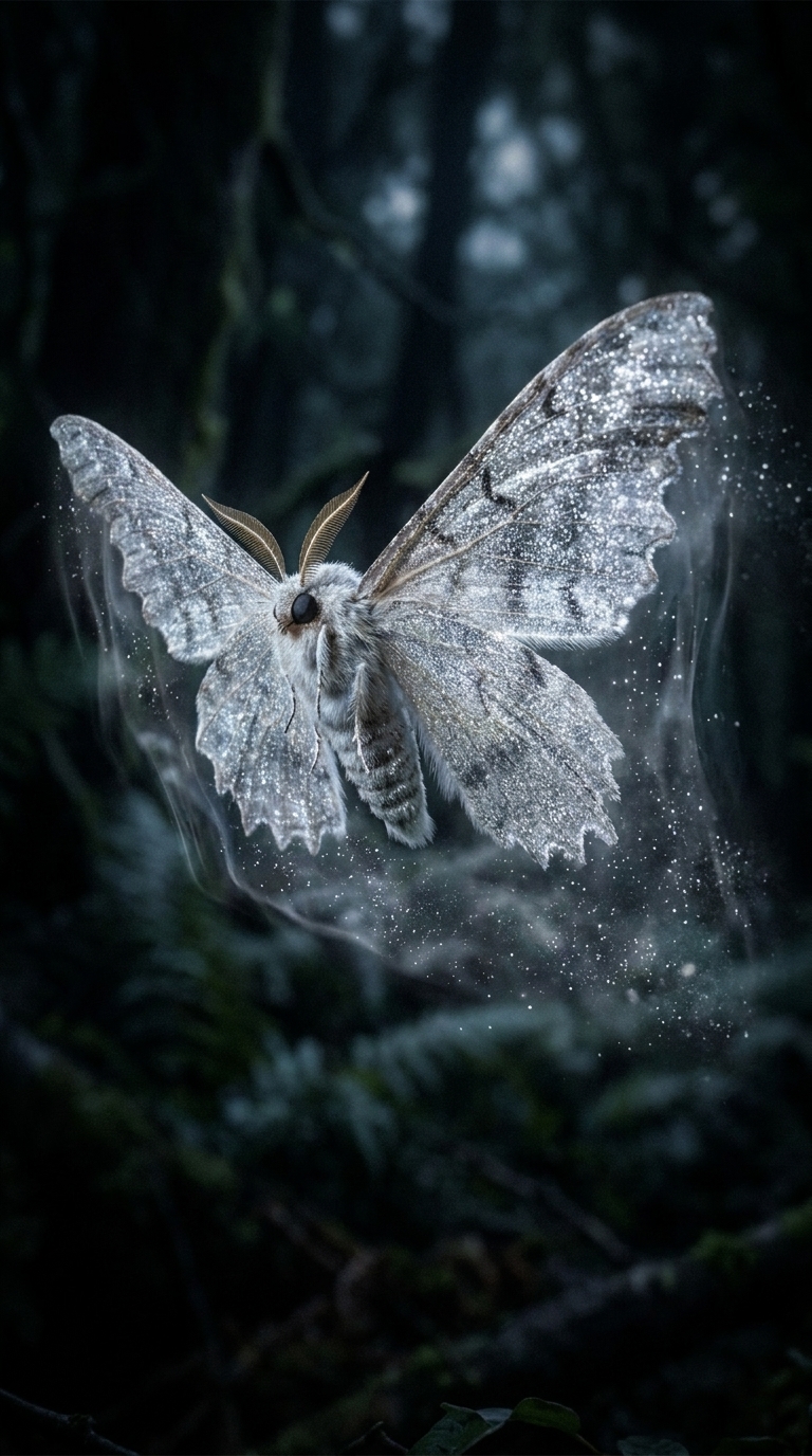 Dissonance Moths — hand-sized pale moths with silvery dust distorting the air around them