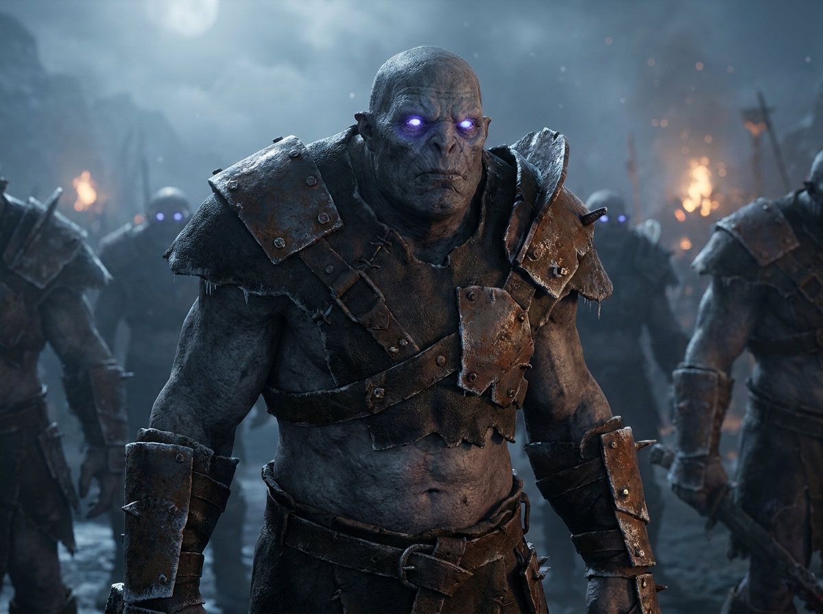The Hollowed — bruised ash-skin hive-mind infantry with burning blue-violet eyes, moving in perfect formation
