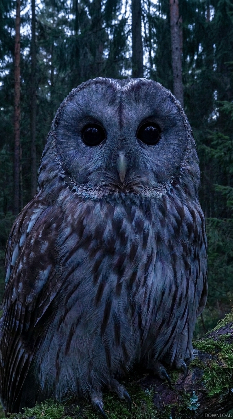A Veil Owl — featureless face, massive light-absorbing eyes