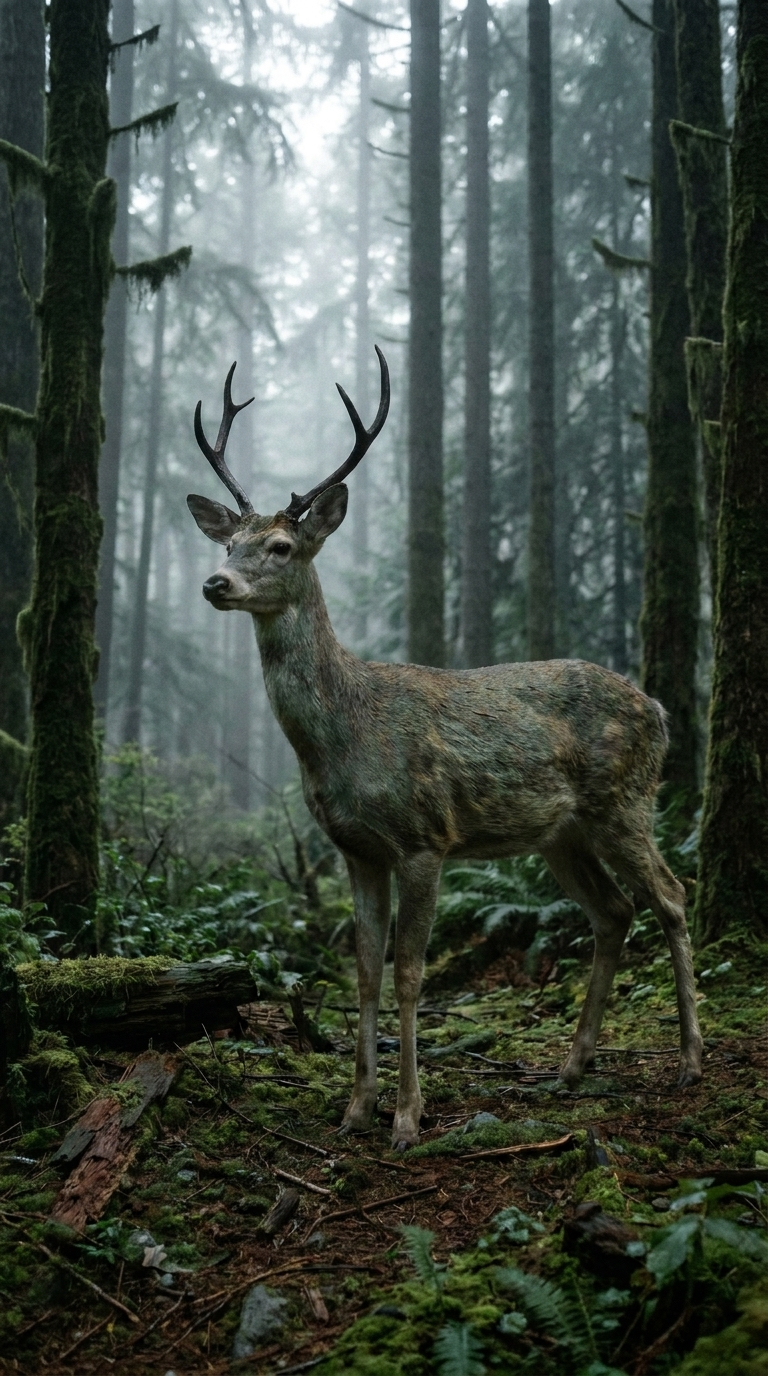 A Whisper Stag — mouthless ethereal stag with shifting camouflage coat